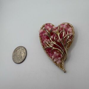 Vintage Gold Tone Pink Beaded Heart Brooch with Branch Leaf Overlay